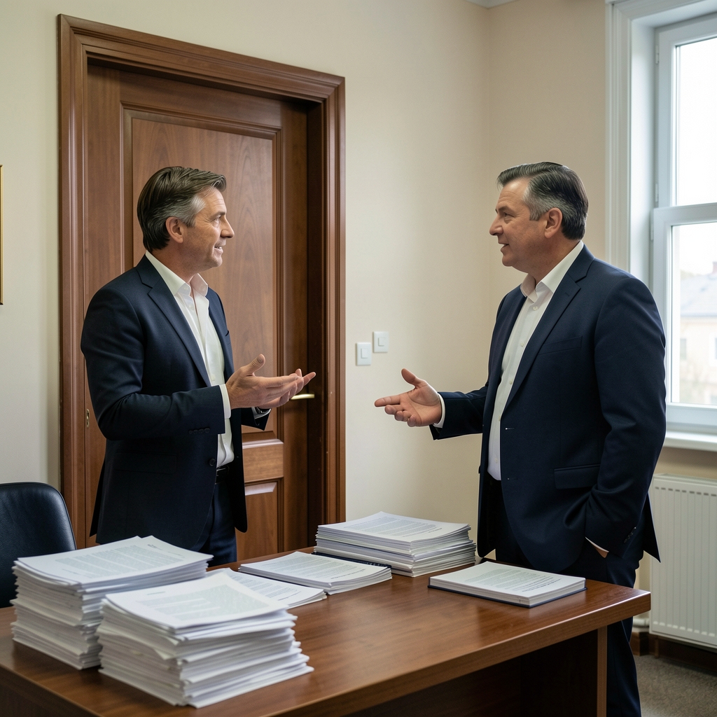 Два журналиста обсуждают этическую дилемму в редакционном кабинете за закрытой дверью, стопки документов на столе